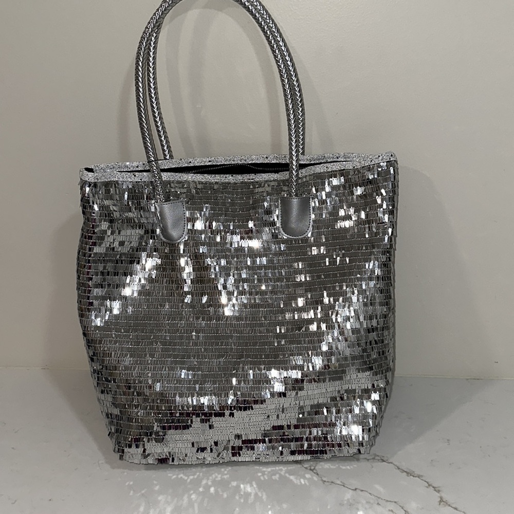 SPARKLY PIA ROSSINI CELESTE SILVER TOTE BAG NWT - Picture 4 of 8